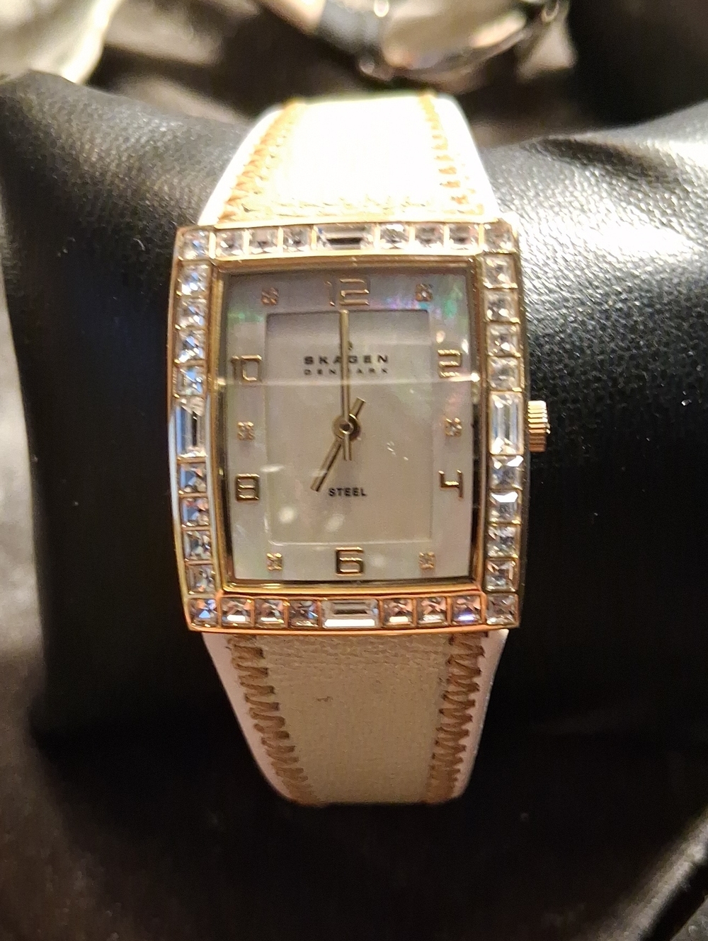 Skagen Gold-Tone Crystal Rectangular Watch with Cream Strap